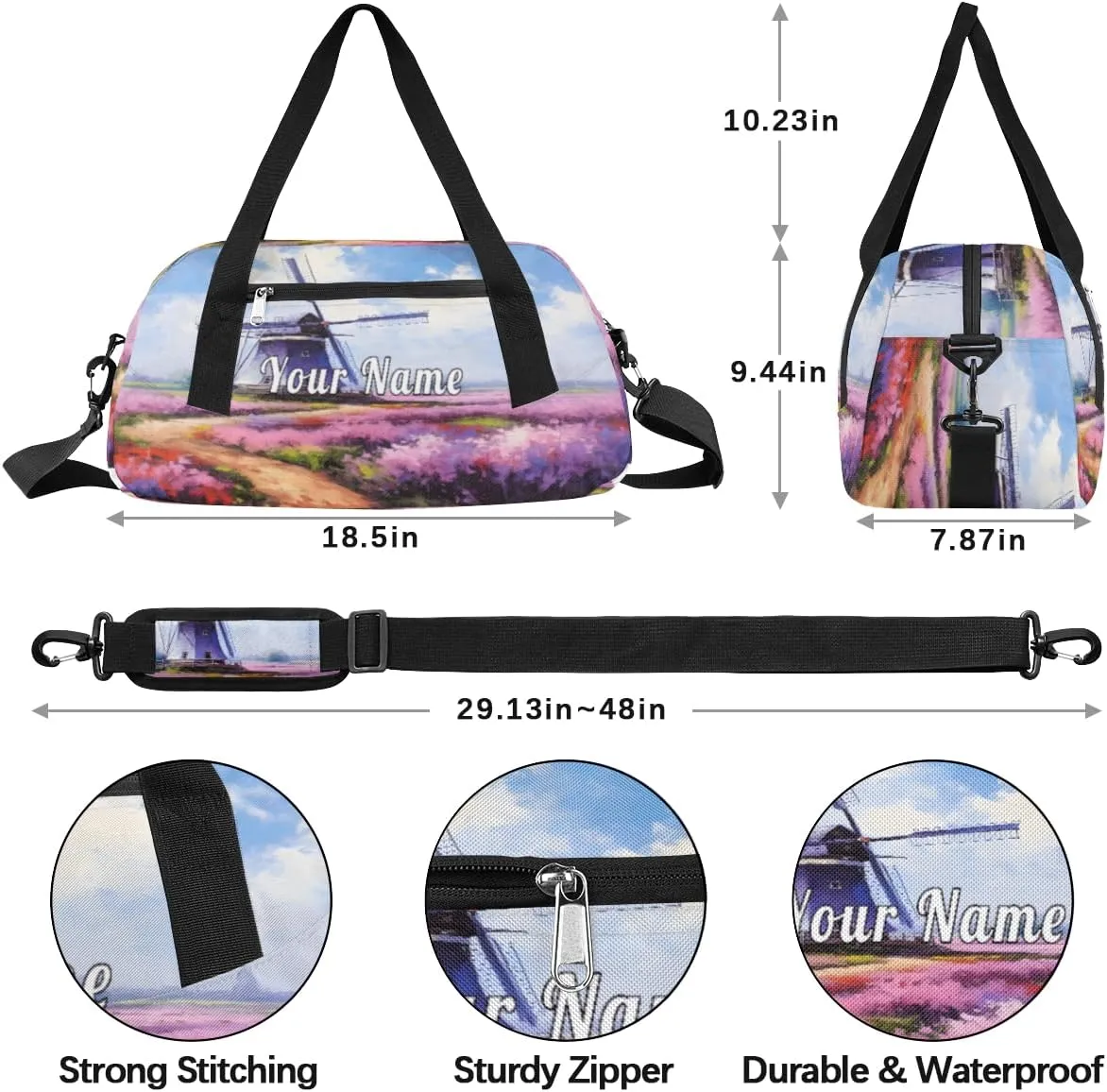 Personalized Kids Duffel Bag Lavender Flower Field Windmill,Custom Sport Gym Bag for Boys Girls,WWeekender Overnight Bags Travel Duffel Bag,Customized Kids Gift