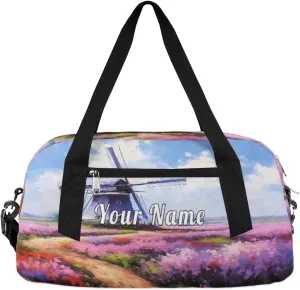 Personalized Kids Duffel Bag Lavender Flower Field Windmill,Custom Sport Gym Bag for Boys Girls,WWeekender Overnight Bags Travel Duffel Bag,Customized Kids Gift