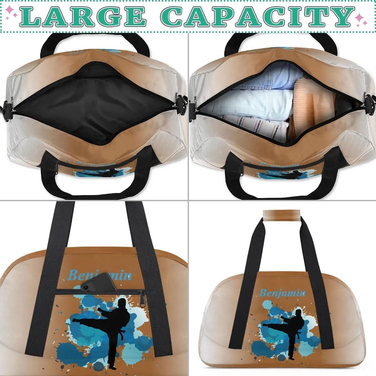 Personalized Kids Duffel Bag Martial Arts,Custom Sport Gym Bag for Boys Girls,Weekender Overnight Bags Travel Duffel Bag,Customized Kids Gift