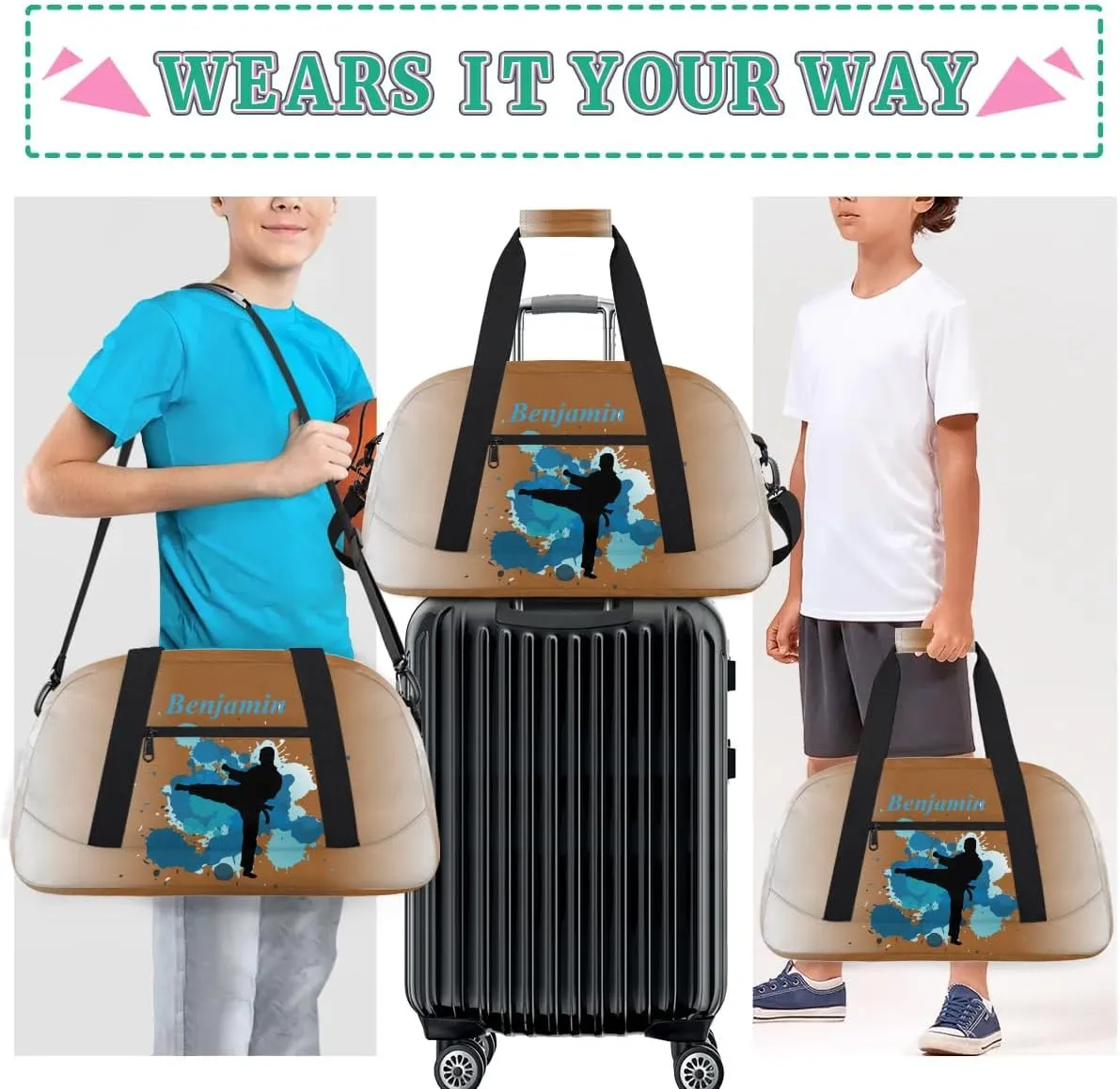 Personalized Kids Duffel Bag Martial Arts,Custom Sport Gym Bag for Boys Girls,Weekender Overnight Bags Travel Duffel Bag,Customized Kids Gift