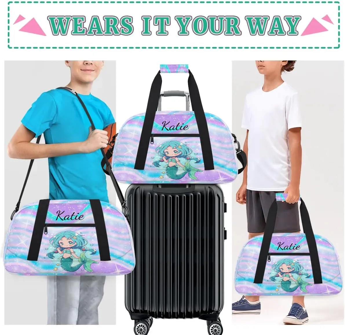 Personalized Kids Duffel Bag Mermaid,Custom Sport Gym Bag for Boys Girls,Weekender Overnight Bags Travel Duffel Bag,Customized Kids Gift Fantasy