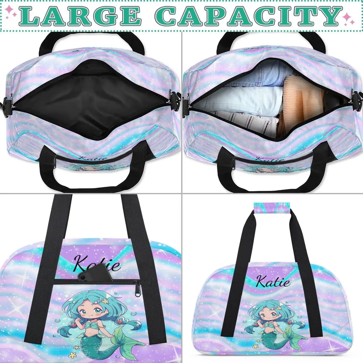 Personalized Kids Duffel Bag Mermaid,Custom Sport Gym Bag for Boys Girls,Weekender Overnight Bags Travel Duffel Bag,Customized Kids Gift Fantasy