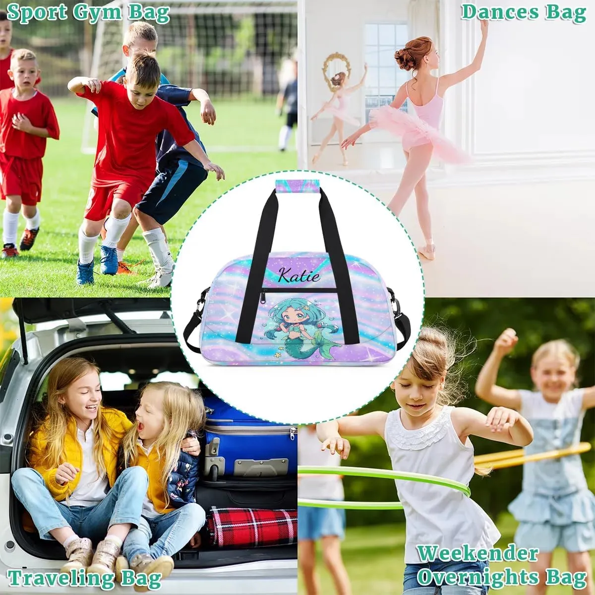 Personalized Kids Duffel Bag Mermaid,Custom Sport Gym Bag for Boys Girls,Weekender Overnight Bags Travel Duffel Bag,Customized Kids Gift Fantasy