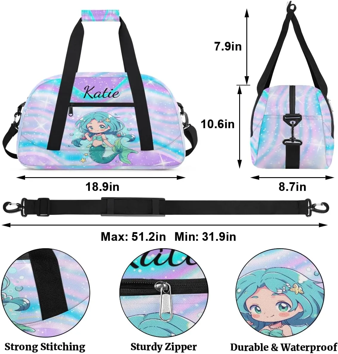 Personalized Kids Duffel Bag Mermaid,Custom Sport Gym Bag for Boys Girls,Weekender Overnight Bags Travel Duffel Bag,Customized Kids Gift Fantasy