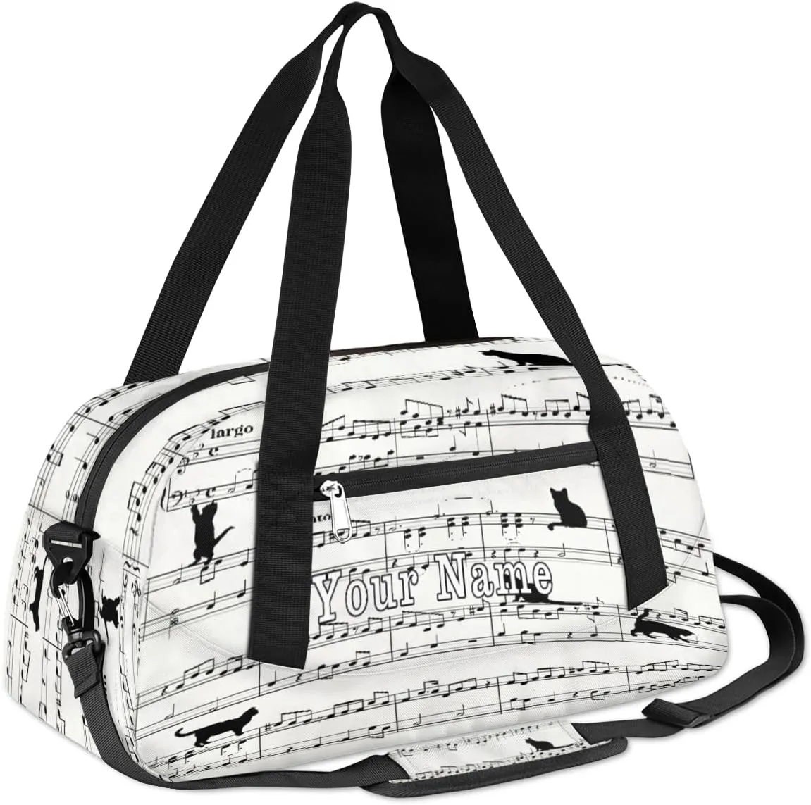 Personalized Kids Duffel Bag Music Score Note Cute Cat,Custom Sport Gym Bag for Boys Girls,WWeekender Overnight Bags Travel Duffel Bag,Customized Kids Gift