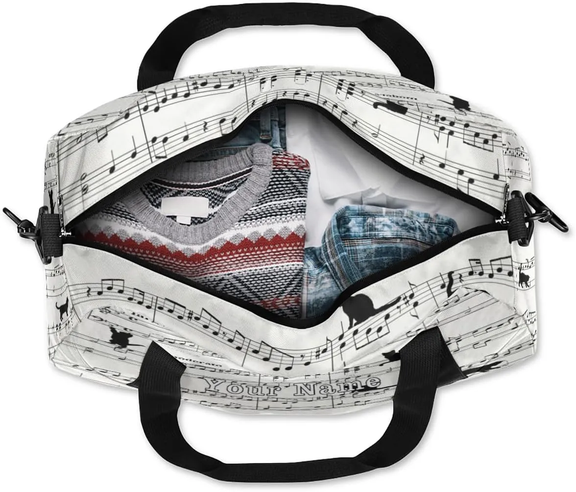 Personalized Kids Duffel Bag Music Score Note Cute Cat,Custom Sport Gym Bag for Boys Girls,WWeekender Overnight Bags Travel Duffel Bag,Customized Kids Gift