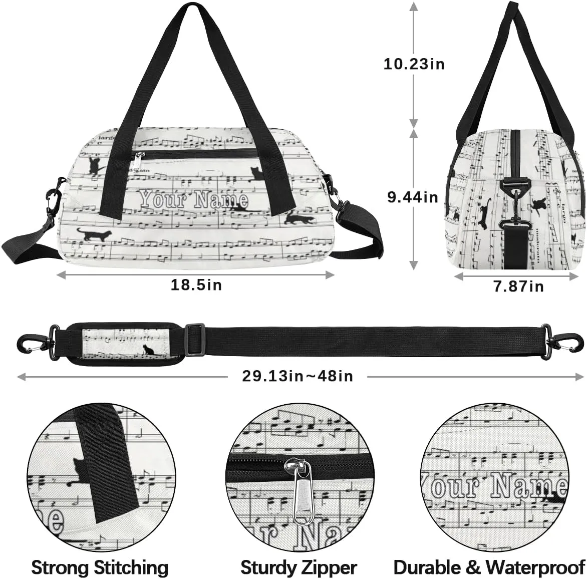 Personalized Kids Duffel Bag Music Score Note Cute Cat,Custom Sport Gym Bag for Boys Girls,WWeekender Overnight Bags Travel Duffel Bag,Customized Kids Gift