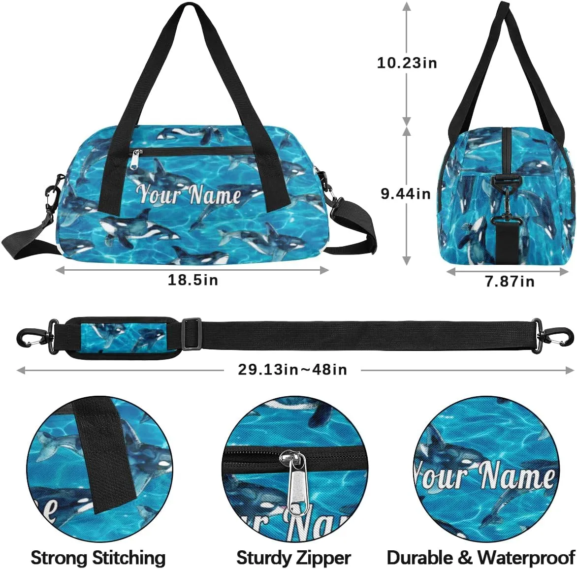 Personalized Kids Duffel Bag Ocean Sea Kill Whale Orca,Custom Sport Gym Bag for Boys Girls,Weekender Overnight Bags Travel Duffel Bag,Customized Kids Gift