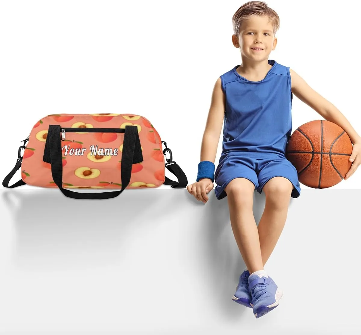 Personalized Kids Duffel Bag Peach,Custom Sport Gym Bag for Boys Girls,WWeekender Overnight Bags Travel Duffel Bag,Customized Kids Gift