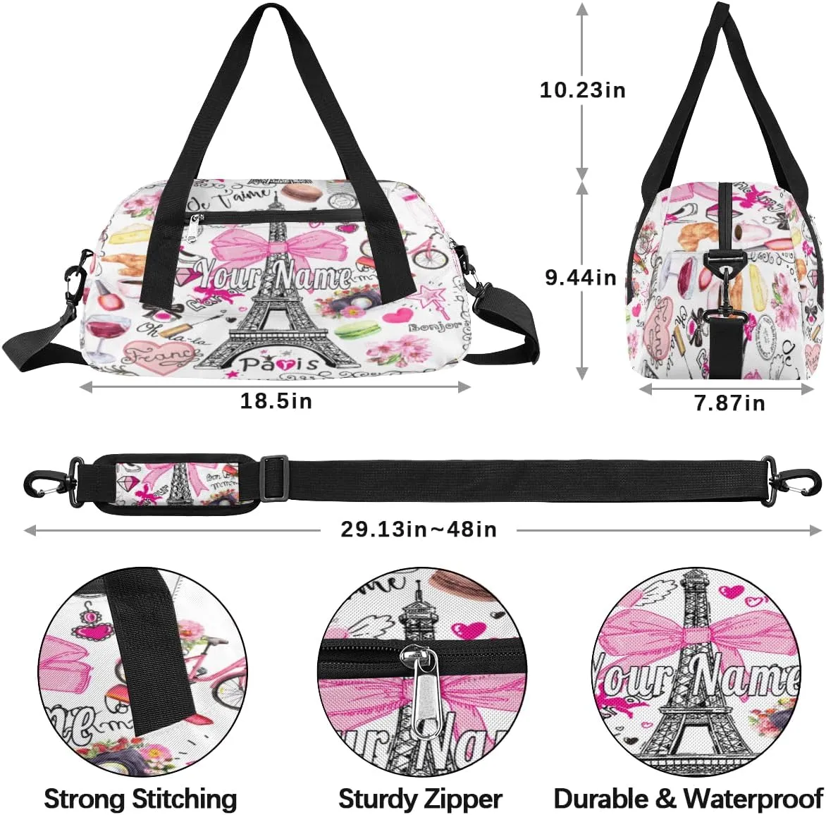 Personalized Kids Duffel Bag Romantic Paris Eiffel,Custom Sport Gym Bag for Boys Girls,WWeekender Overnight Bags Travel Duffel Bag,Customized Kids Gift