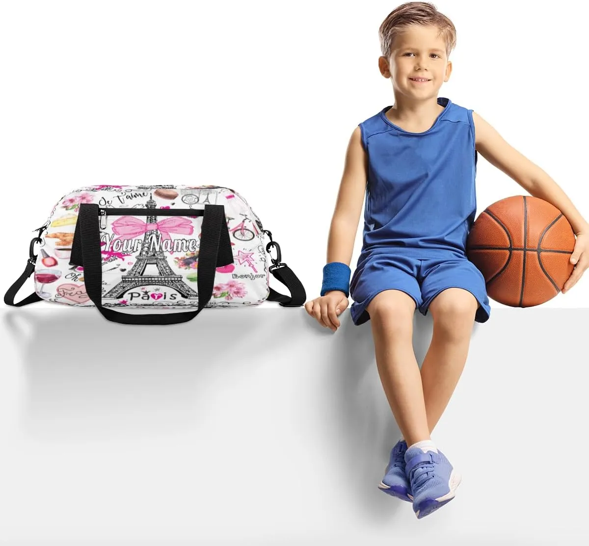 Personalized Kids Duffel Bag Romantic Paris Eiffel,Custom Sport Gym Bag for Boys Girls,WWeekender Overnight Bags Travel Duffel Bag,Customized Kids Gift