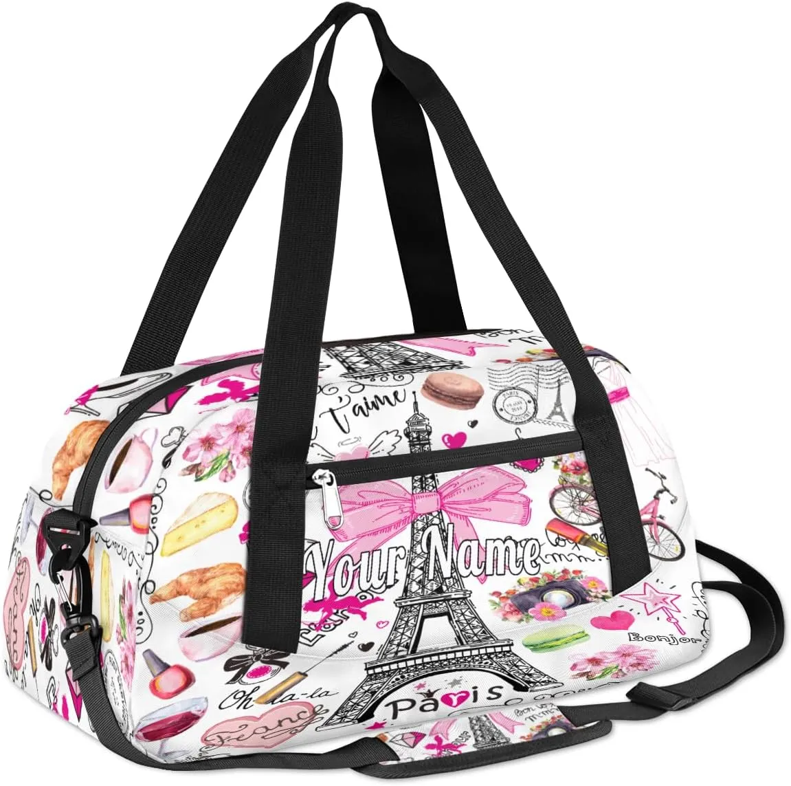 Personalized Kids Duffel Bag Romantic Paris Eiffel,Custom Sport Gym Bag for Boys Girls,WWeekender Overnight Bags Travel Duffel Bag,Customized Kids Gift