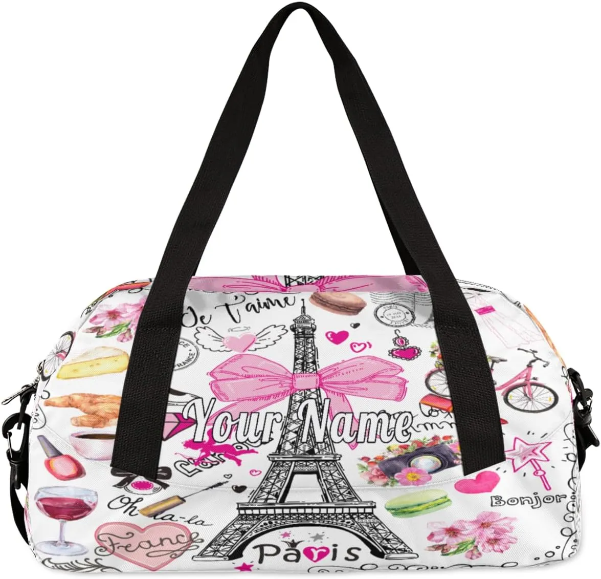 Personalized Kids Duffel Bag Romantic Paris Eiffel,Custom Sport Gym Bag for Boys Girls,WWeekender Overnight Bags Travel Duffel Bag,Customized Kids Gift