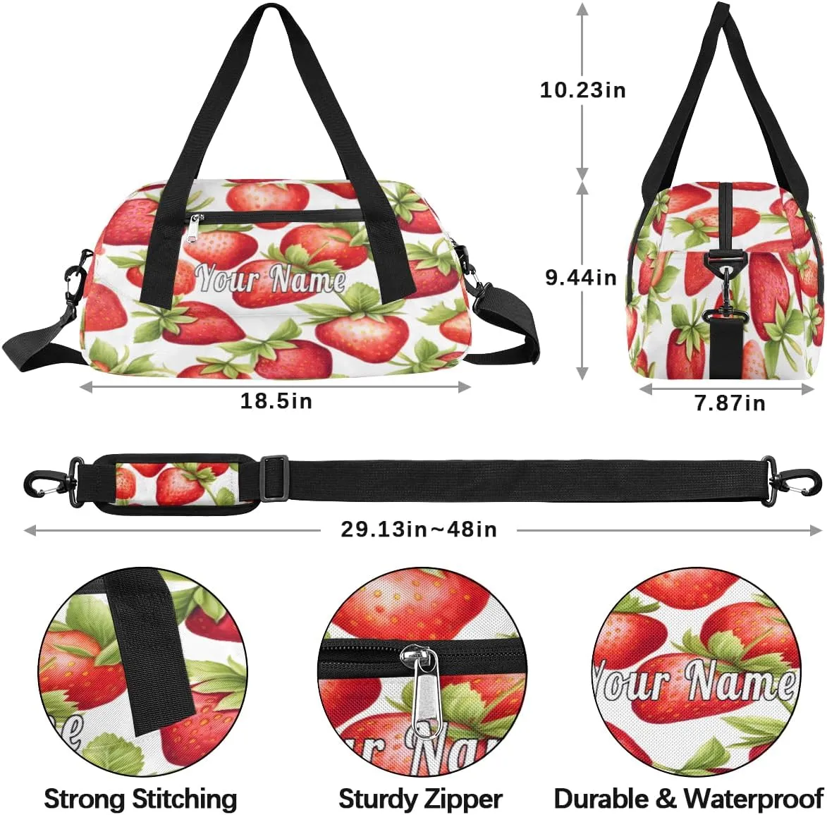 Personalized Kids Duffel Bag Strawberry Pattern,Custom Sport Gym Bag for Boys Girls,WWeekender Overnight Bags Travel Duffel Bag,Customized Kids Gift
