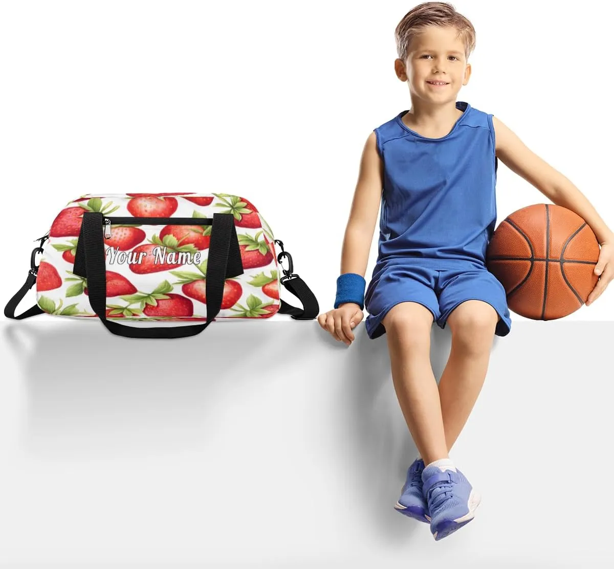 Personalized Kids Duffel Bag Strawberry Pattern,Custom Sport Gym Bag for Boys Girls,WWeekender Overnight Bags Travel Duffel Bag,Customized Kids Gift