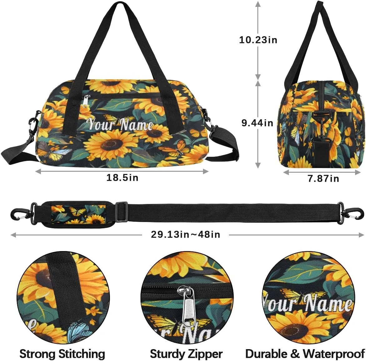 Personalized Kids Duffel Bag Vintage Butterfly Sunflower,Custom Sport Gym Bag for Boys Girls,WWeekender Overnight Bags Travel Duffel Bag,Customized Kids Gift