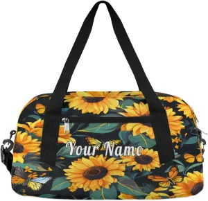 Personalized Kids Duffel Bag Vintage Butterfly Sunflower,Custom Sport Gym Bag for Boys Girls,WWeekender Overnight Bags Travel Duffel Bag,Customized Kids Gift