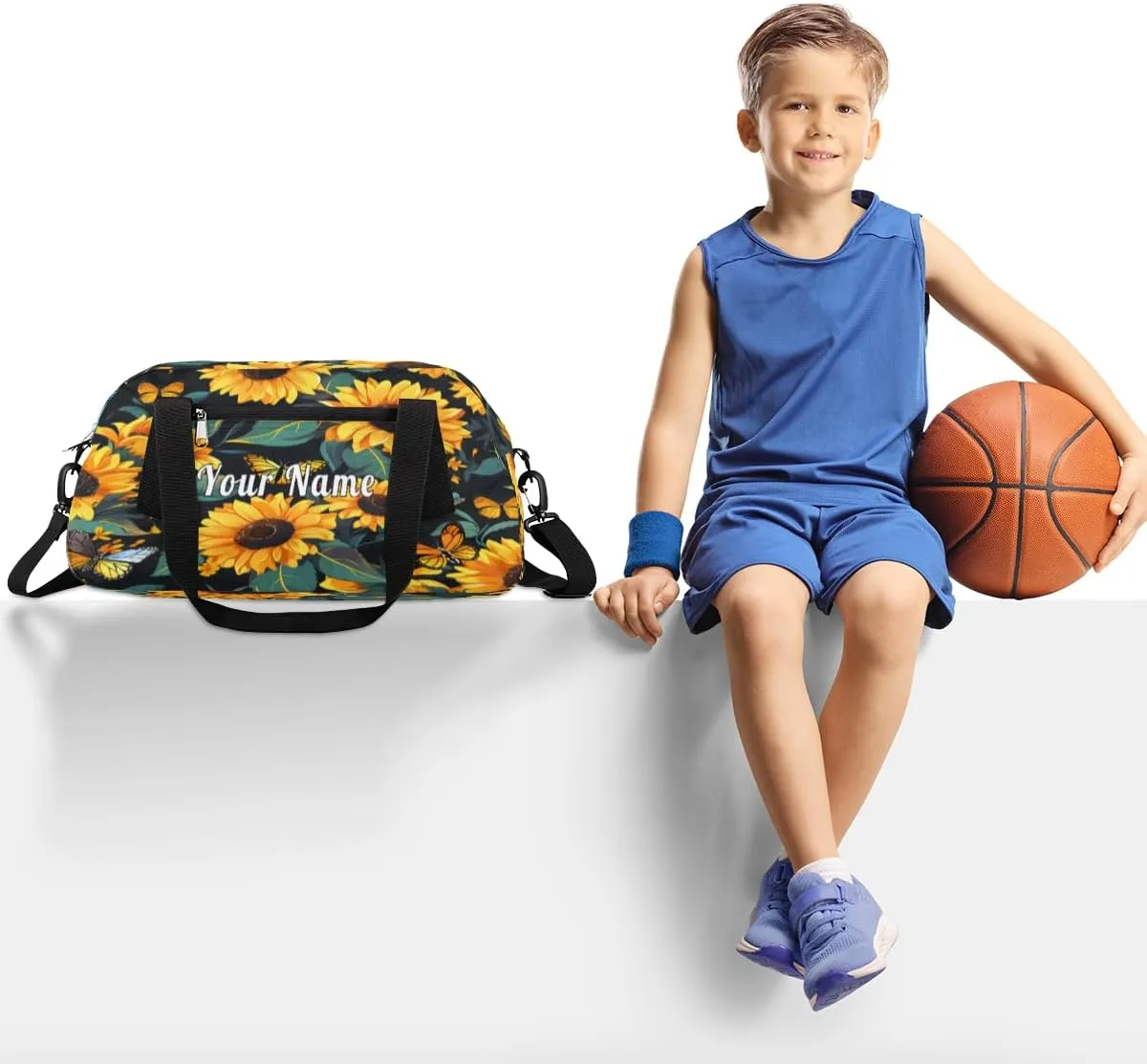 Personalized Kids Duffel Bag Vintage Butterfly Sunflower,Custom Sport Gym Bag for Boys Girls,WWeekender Overnight Bags Travel Duffel Bag,Customized Kids Gift