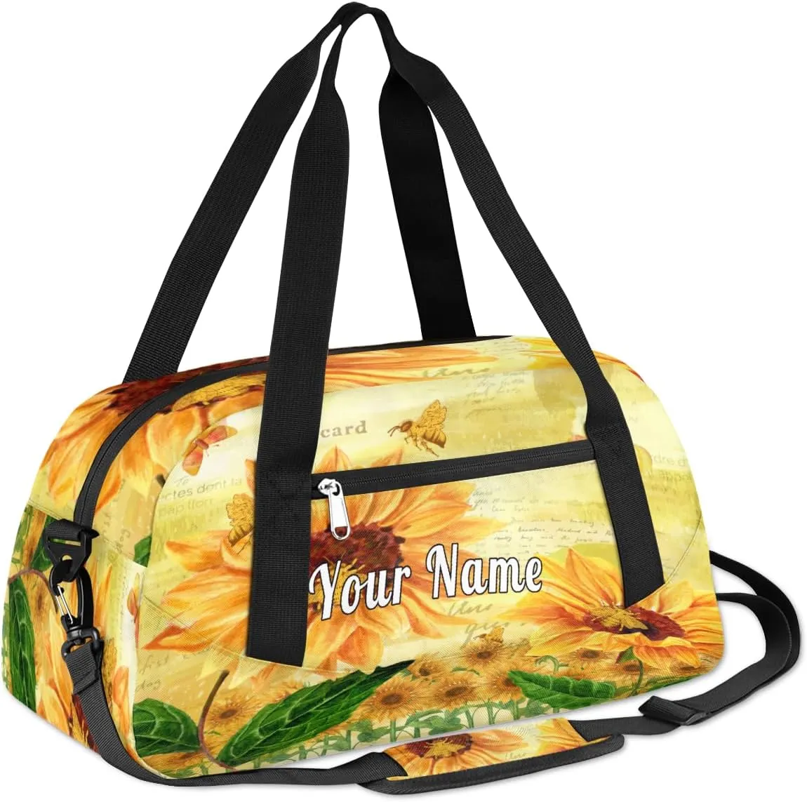 Personalized Kids Duffel Bag Vintage Sunflower Bee,Custom Sport Gym Bag for Boys Girls,WWeekender Overnight Bags Travel Duffel Bag,Customized Kids Gift