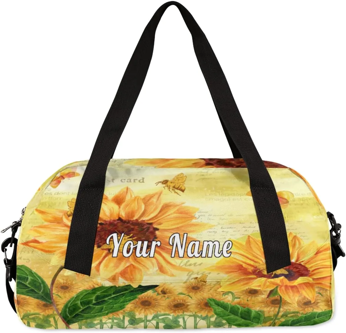 Personalized Kids Duffel Bag Vintage Sunflower Bee,Custom Sport Gym Bag for Boys Girls,WWeekender Overnight Bags Travel Duffel Bag,Customized Kids Gift