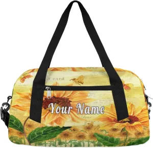 Personalized Kids Duffel Bag Vintage Sunflower Bee,Custom Sport Gym Bag for Boys Girls,WWeekender Overnight Bags Travel Duffel Bag,Customized Kids Gift