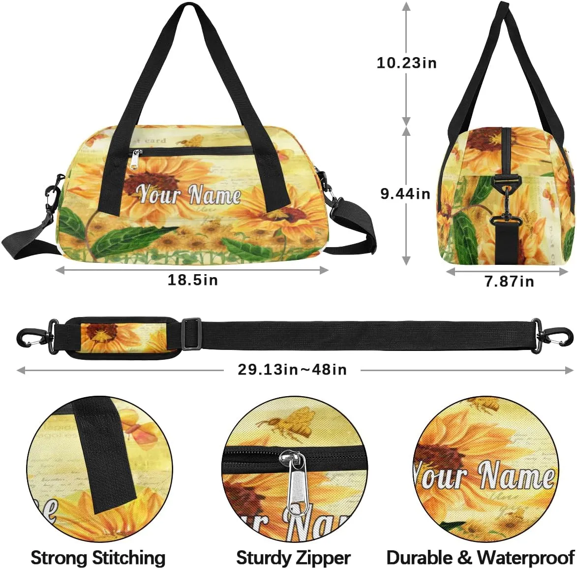 Personalized Kids Duffel Bag Vintage Sunflower Bee,Custom Sport Gym Bag for Boys Girls,WWeekender Overnight Bags Travel Duffel Bag,Customized Kids Gift
