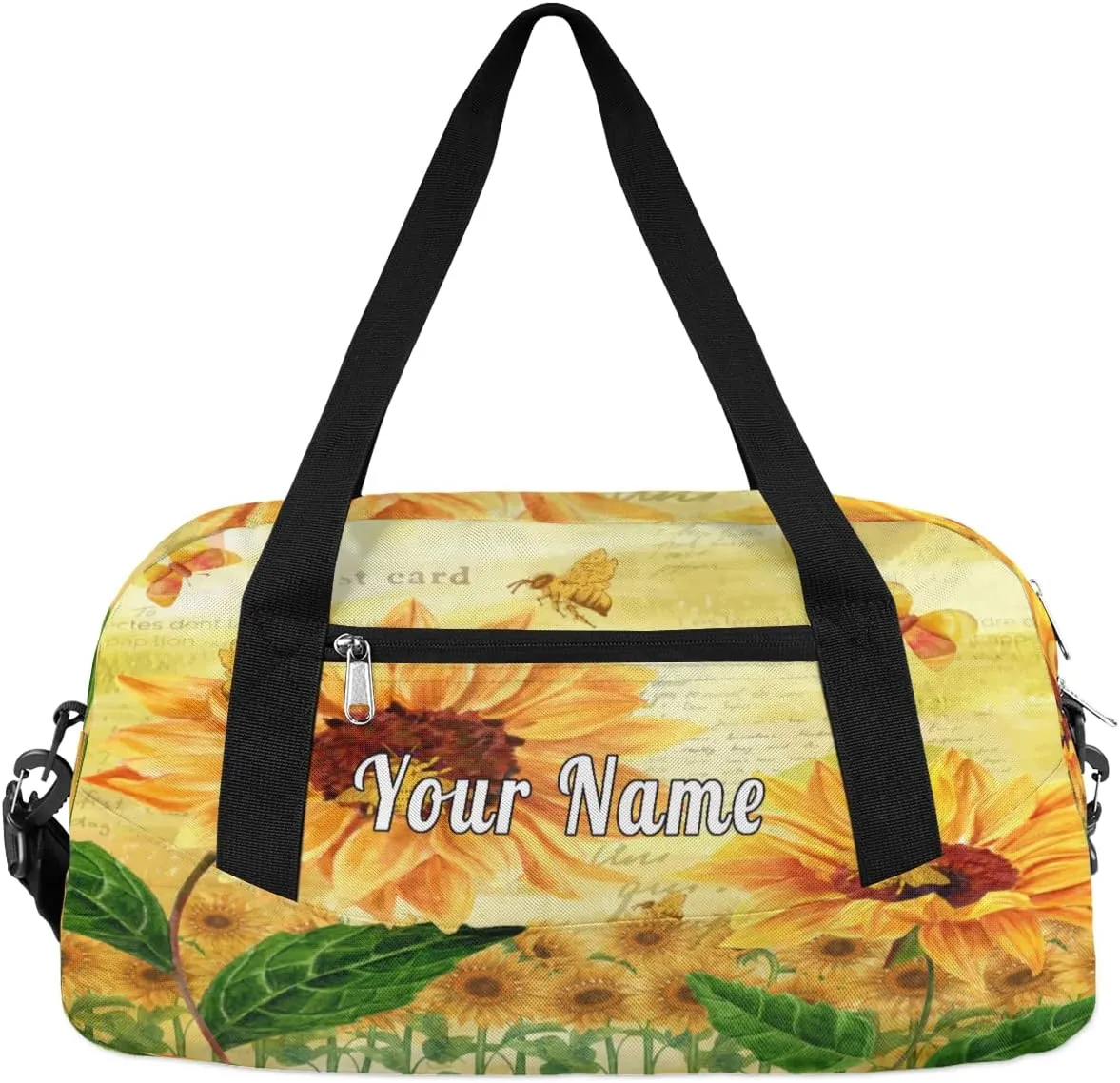 Personalized Kids Duffel Bag Vintage Sunflower Bee,Custom Sport Gym Bag for Boys Girls,WWeekender Overnight Bags Travel Duffel Bag,Customized Kids Gift