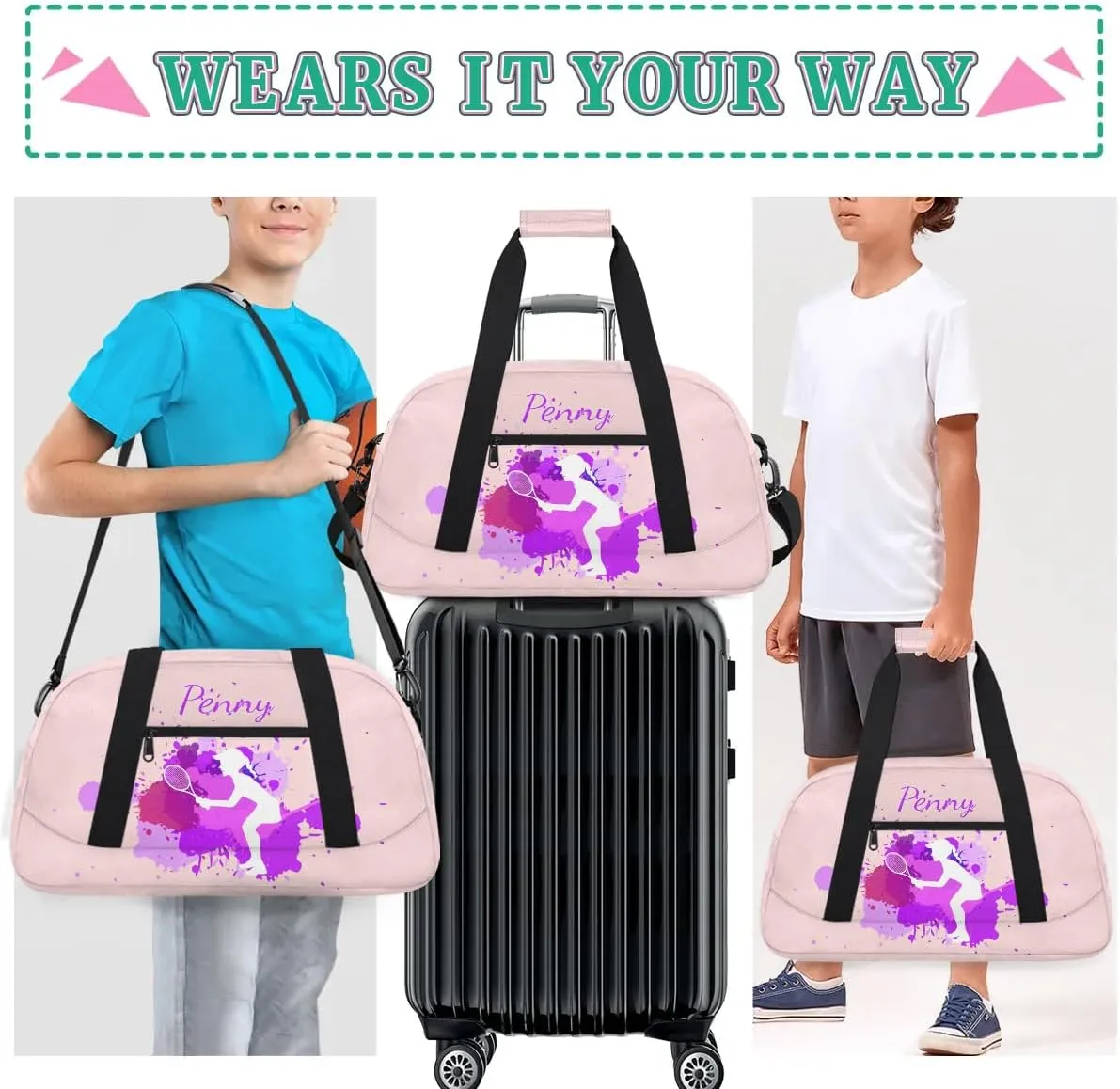 Personalized Kids Duffel Bag,Custom Sport Gym Bag for Boys Girls,Weekender Overnight Bags Travel Duffel Bag,Customized Kids Gift Tennis