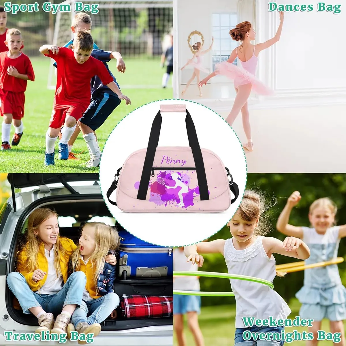 Personalized Kids Duffel Bag,Custom Sport Gym Bag for Boys Girls,Weekender Overnight Bags Travel Duffel Bag,Customized Kids Gift Tennis