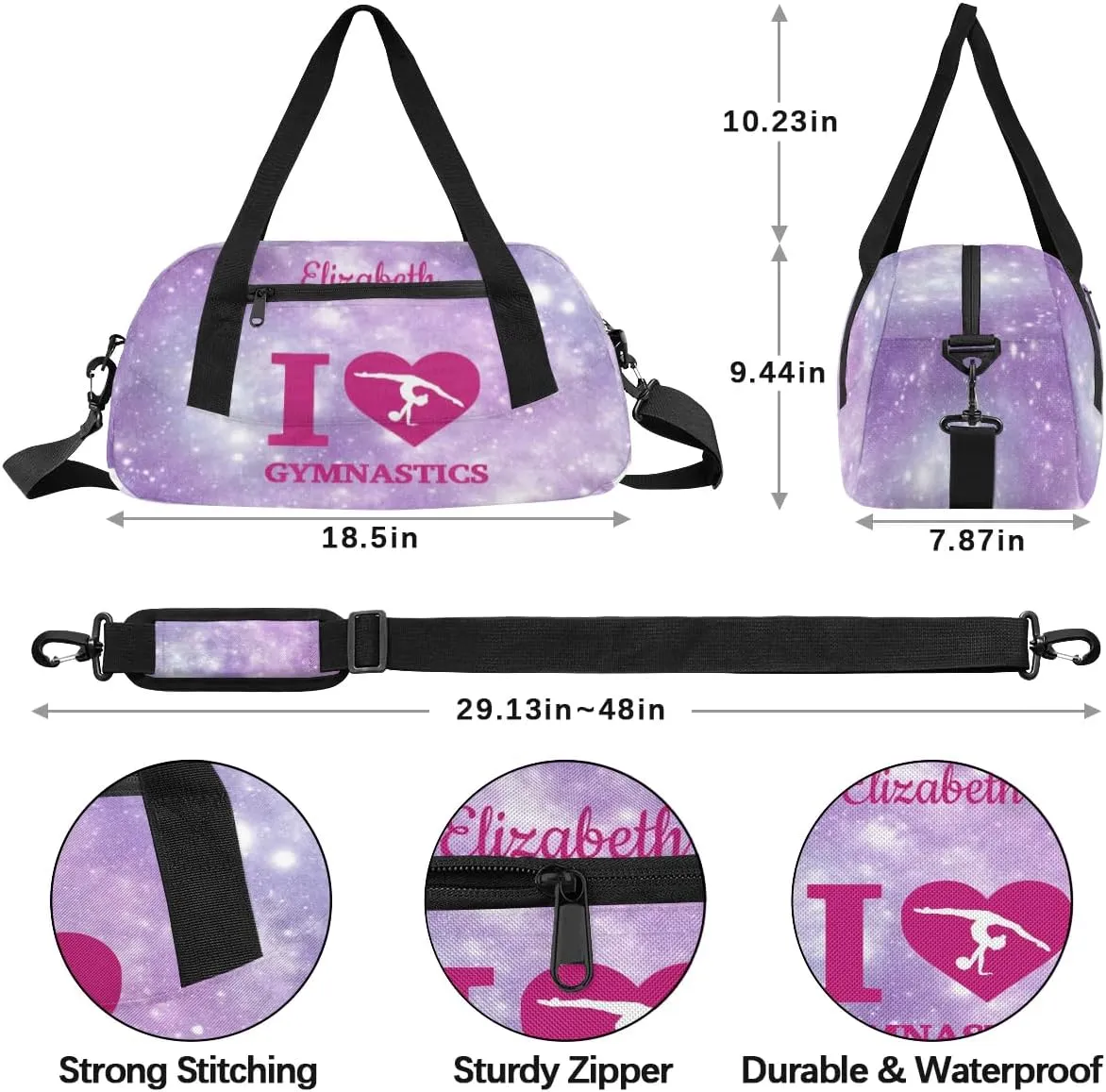 Personalized Kids Duffel Bag,Custom Sport Gym Bag for Girls,Weekender Overnight Bags Travel Duffel Bag,Customized Kids Gift Purple Galaxy Gymnastic