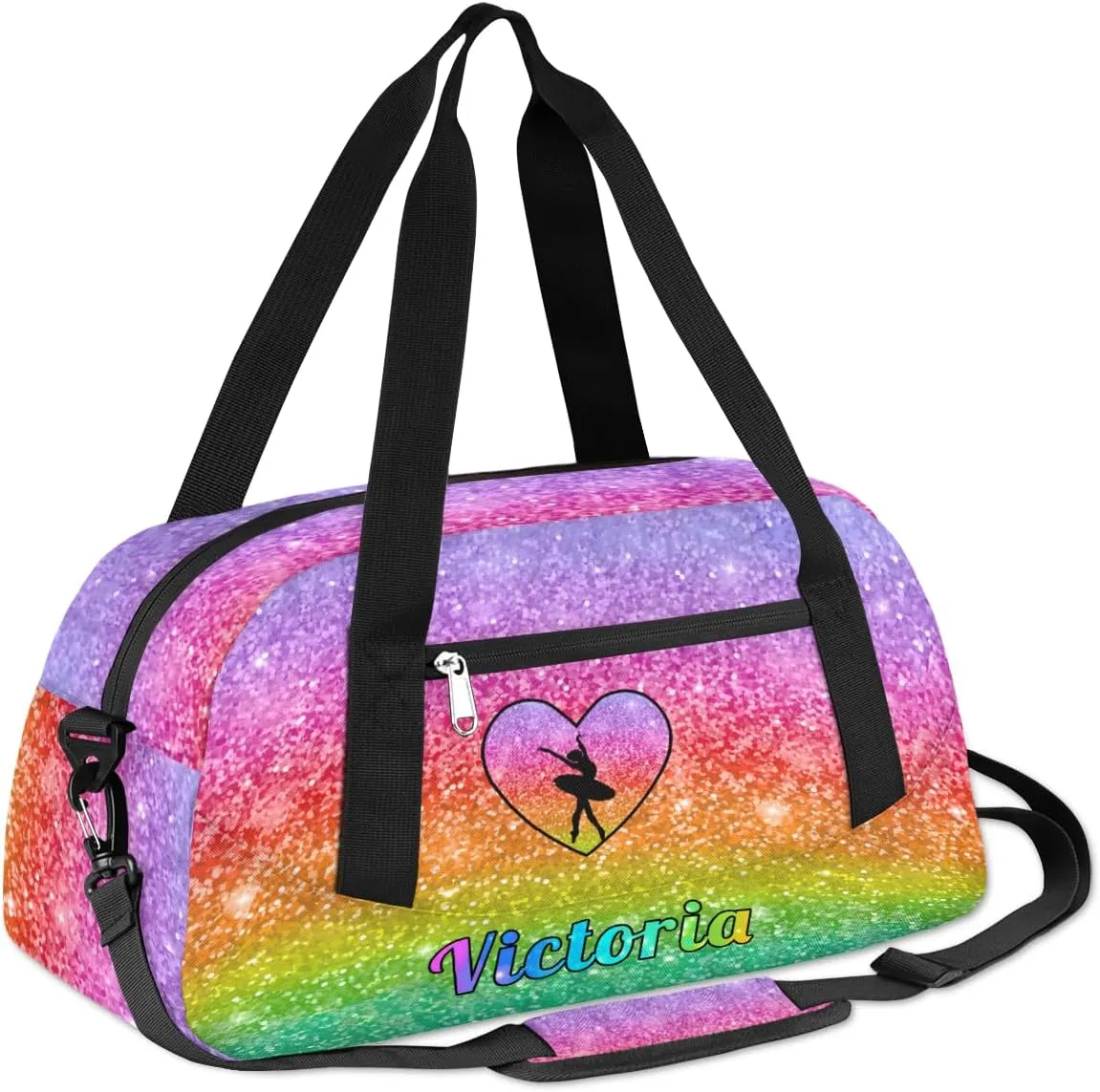 Personalized Kids Duffel Bag,Custom Sport Gym Bag for Girls,Weekender Overnight Tote Bag Carry On Duffel Bag for Travel Gymnastic Glitter Love Heart Ballerina