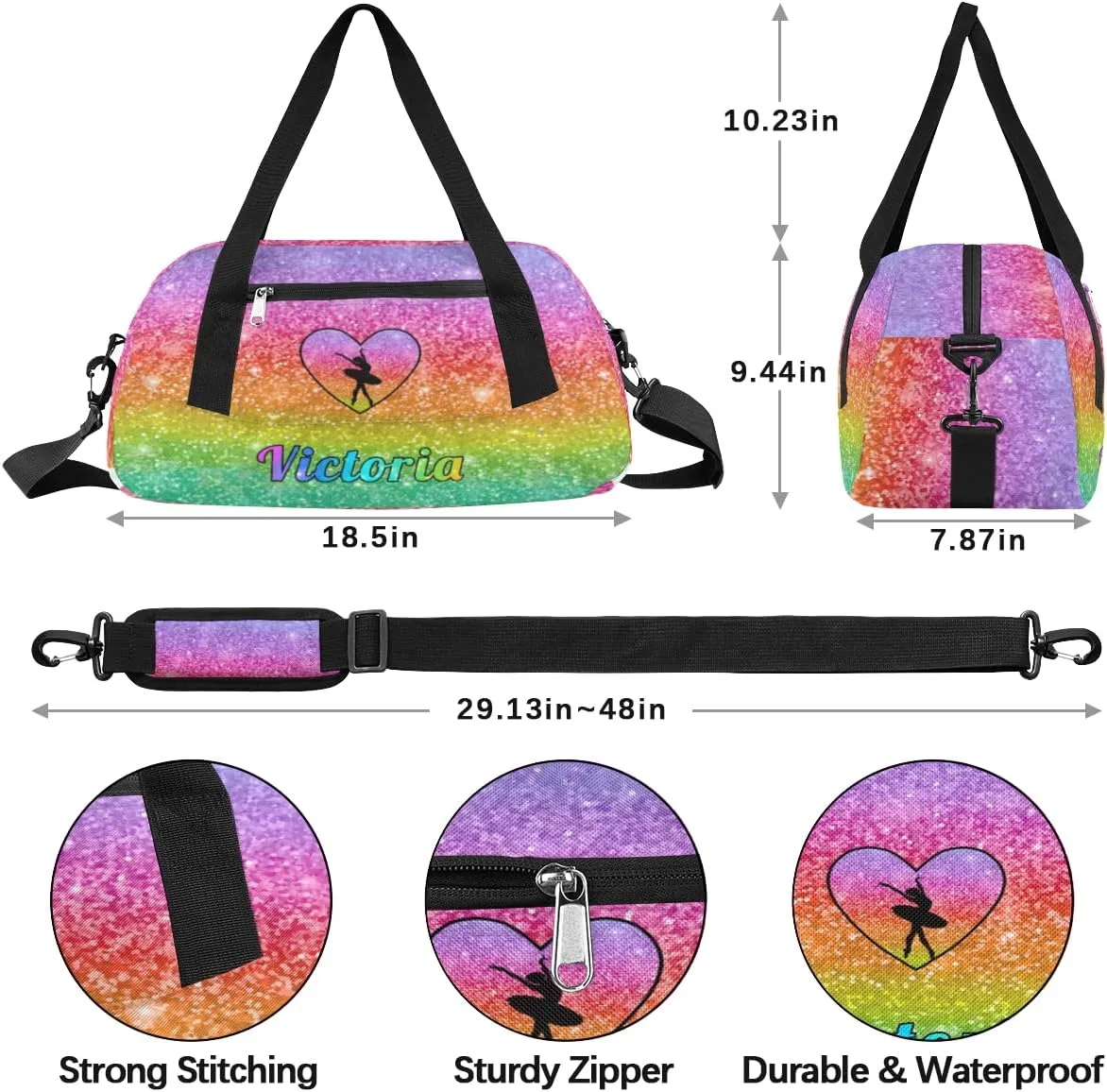 Personalized Kids Duffel Bag,Custom Sport Gym Bag for Girls,Weekender Overnight Tote Bag Carry On Duffel Bag for Travel Gymnastic Glitter Love Heart Ballerina