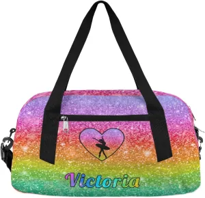 Personalized Kids Duffel Bag,Custom Sport Gym Bag for Girls,Weekender Overnight Tote Bag Carry On Duffel Bag for Travel Gymnastic Glitter Love Heart Ballerina
