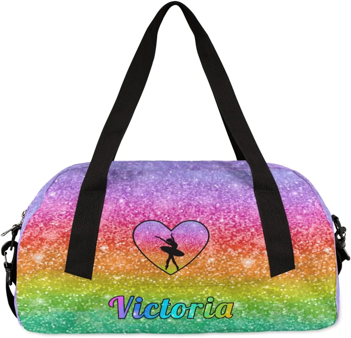 Personalized Kids Duffel Bag,Custom Sport Gym Bag for Girls,Weekender Overnight Tote Bag Carry On Duffel Bag for Travel Gymnastic Glitter Love Heart Ballerina