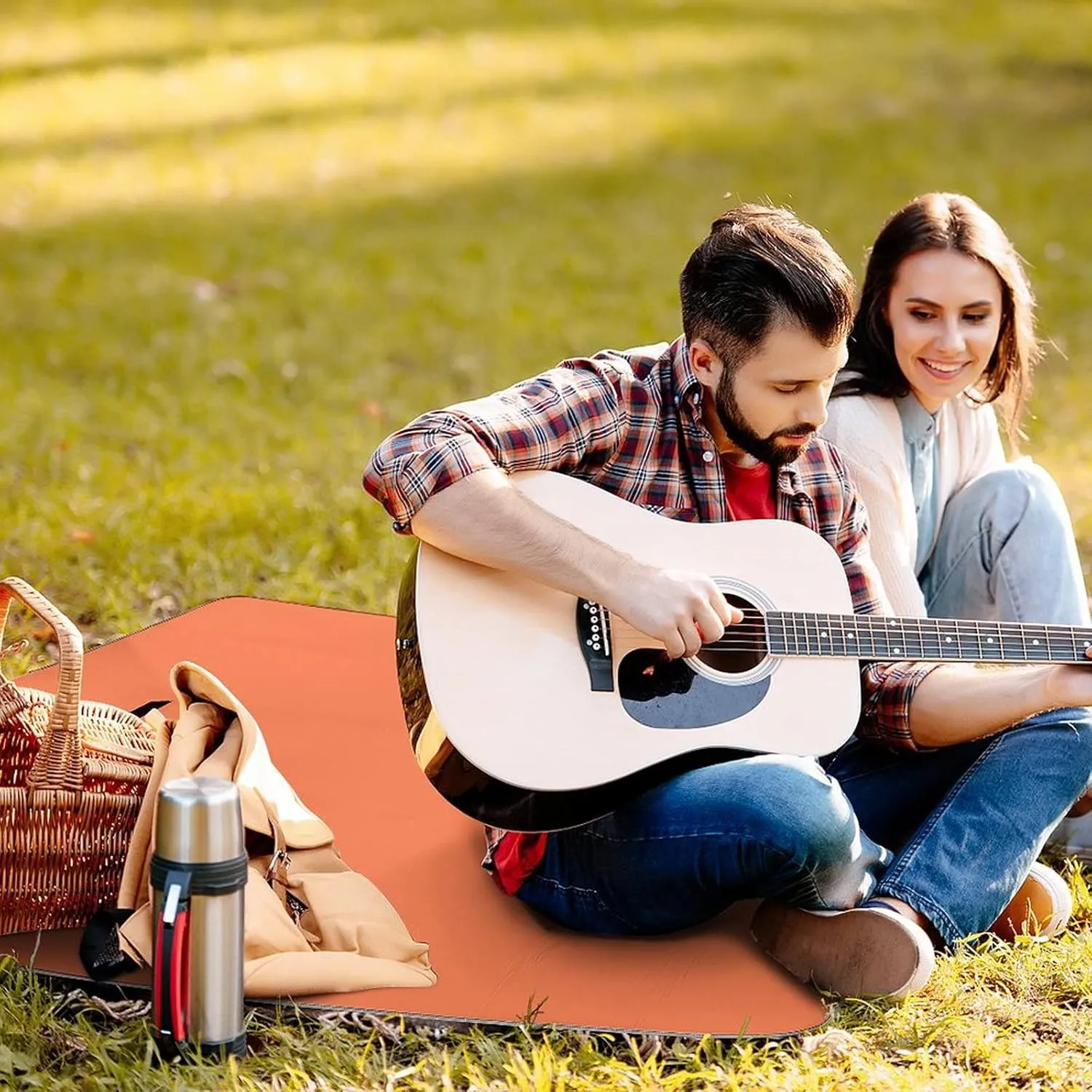 Personalized Large Picnic Blanket for Outdoor Water-Resistant, Customized Photo Text Handy Mat for Spring, Summer, Beach, Camping on Grass Waterproof Sandproof Coral 58.3 x 58.3 inch