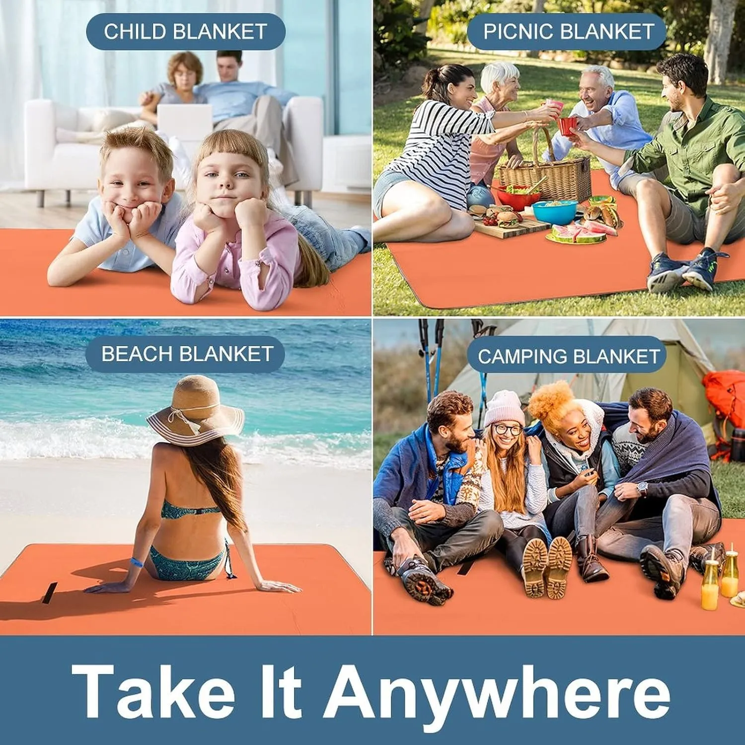 Personalized Large Picnic Blanket for Outdoor Water-Resistant, Customized Photo Text Handy Mat for Spring, Summer, Beach, Camping on Grass Waterproof Sandproof Coral 58.3 x 58.3 inch
