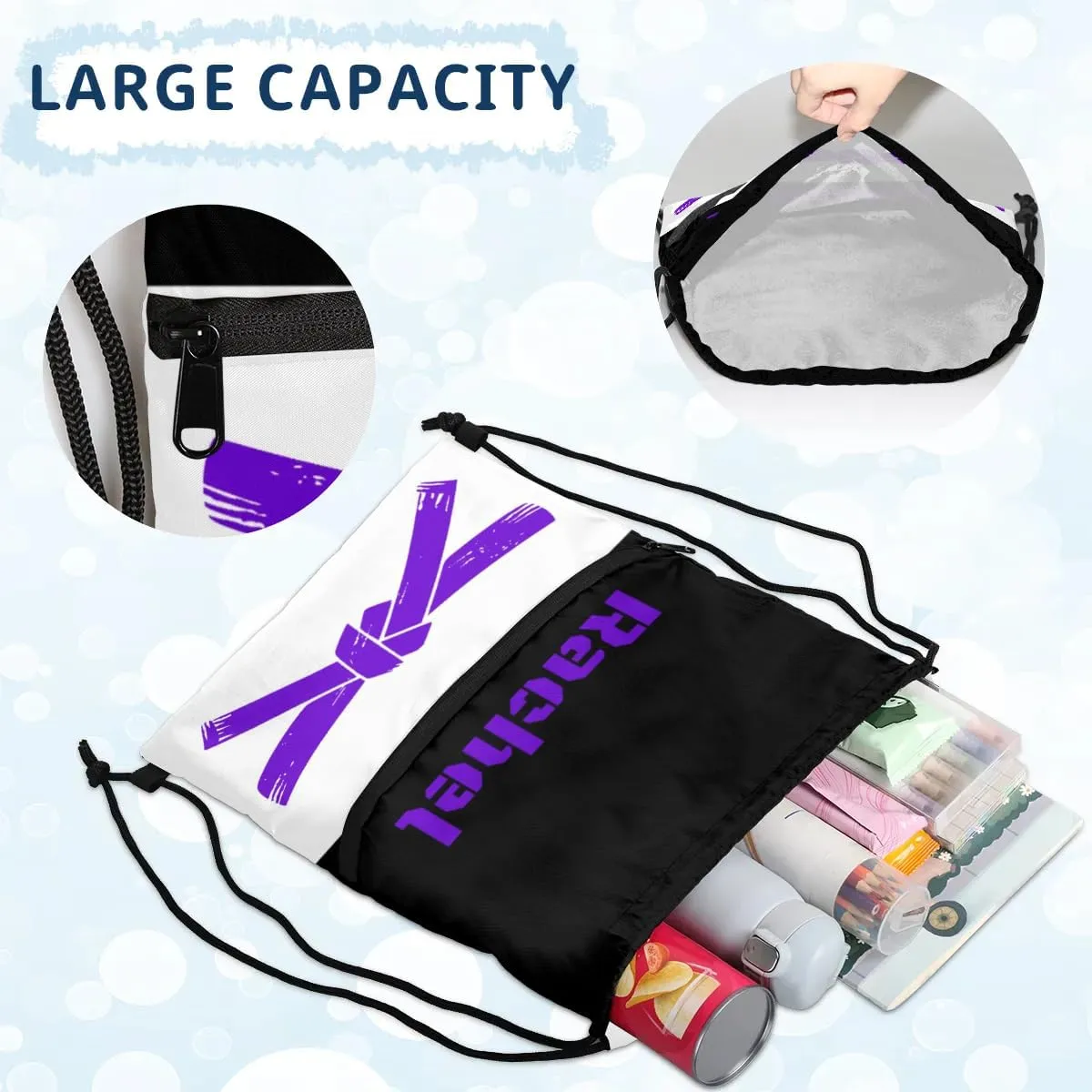 Personalized Martial Art Drawstring Bags Drawstring Backpack for Kids, Taekwondo Karate Drawstring Bags for Boys Girls Belt Purple
