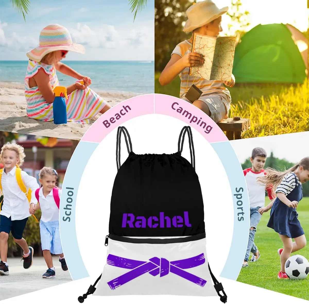 Personalized Martial Art Drawstring Bags Drawstring Backpack for Kids, Taekwondo Karate Drawstring Bags for Boys Girls Belt Purple