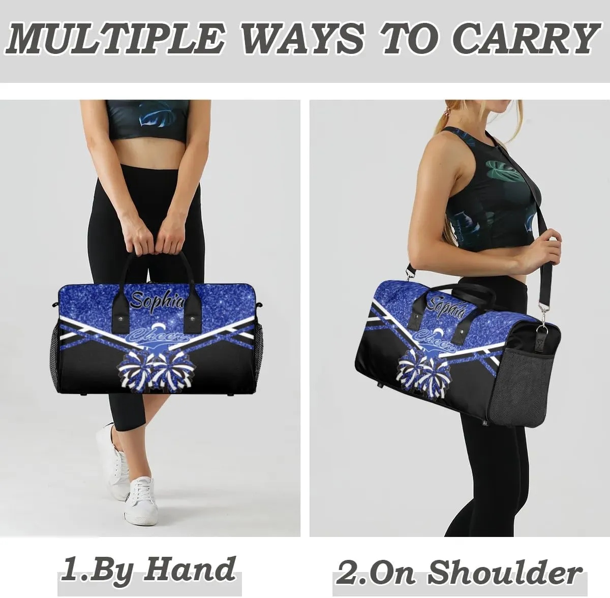 Personalized Name Cheer Duffel Bag for Cheerleaders, Custom Travel Duffle Bag, Custom Sports Bag for Women, Cheerleading Overnight Weekender Bag, Cobalt Blue Glitter