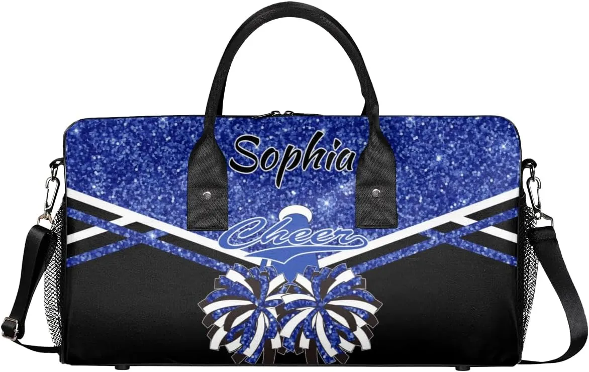 Personalized Name Cheer Duffel Bag for Cheerleaders, Custom Travel Duffle Bag, Custom Sports Bag for Women, Cheerleading Overnight Weekender Bag, Cobalt Blue Glitter