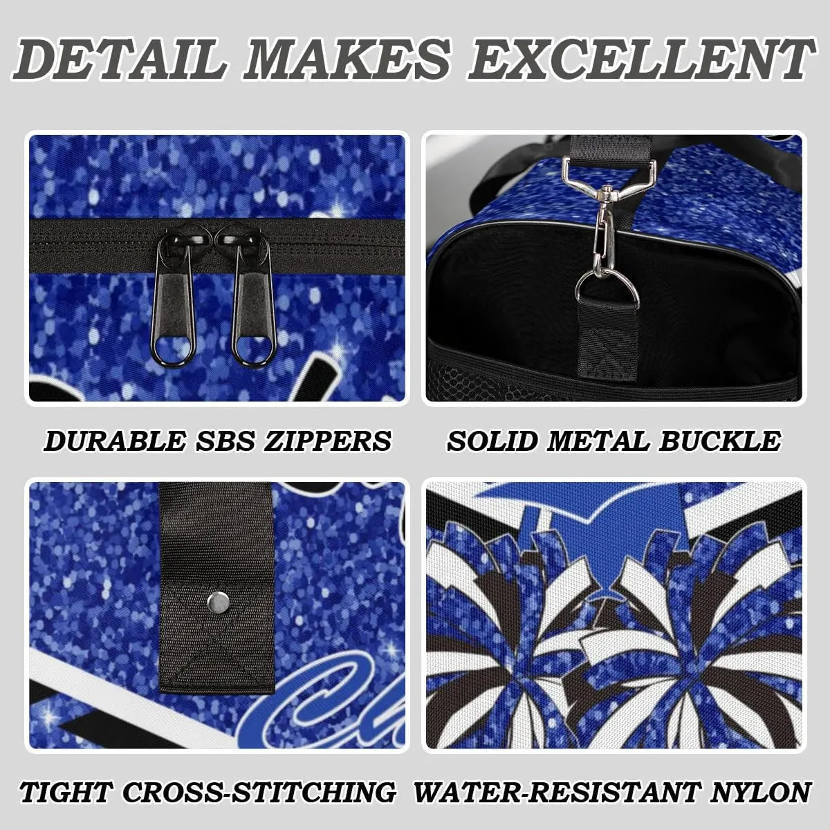 Personalized Name Cheer Duffel Bag for Cheerleaders, Custom Travel Duffle Bag, Custom Sports Bag for Women, Cheerleading Overnight Weekender Bag, Cobalt Blue Glitter