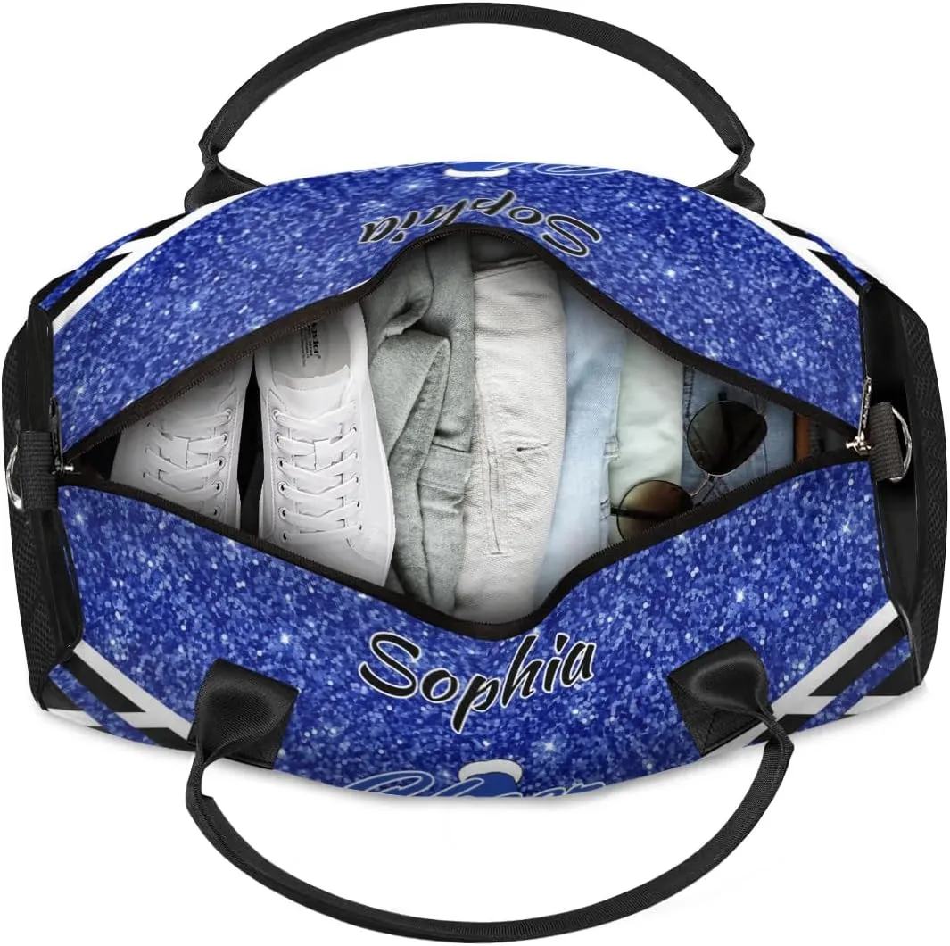 Personalized Name Cheer Duffel Bag for Cheerleaders, Custom Travel Duffle Bag, Custom Sports Bag for Women, Cheerleading Overnight Weekender Bag, Cobalt Blue Glitter