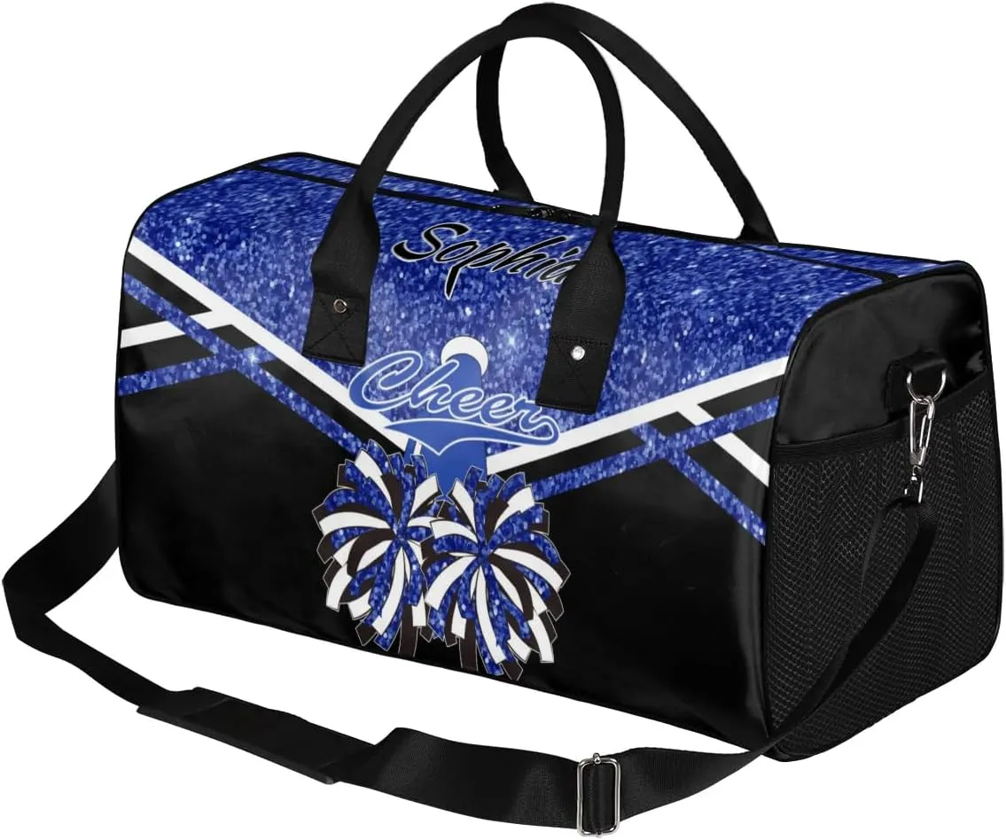 Personalized Name Cheer Duffel Bag for Cheerleaders, Custom Travel Duffle Bag, Custom Sports Bag for Women, Cheerleading Overnight Weekender Bag, Cobalt Blue Glitter