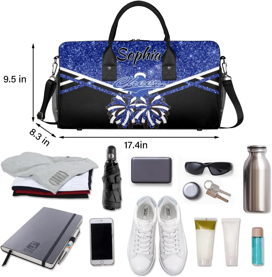 Personalized Name Cheer Duffel Bag for Cheerleaders, Custom Travel Duffle Bag, Custom Sports Bag for Women, Cheerleading Overnight Weekender Bag, Cobalt Blue Glitter