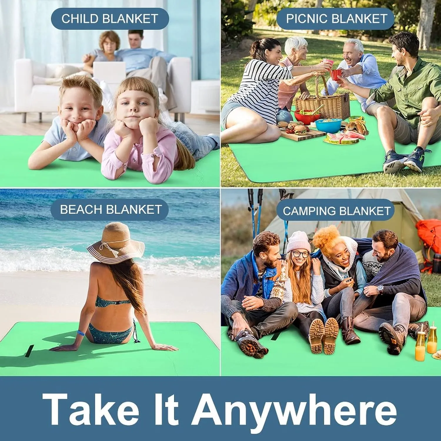 Personalized Photo Picnic Blanket Customzied, Foldable Picnic Blankets Custom Text Name, Waterproof Sandproof Picnic Mat for Beach, Camping,Travel, Hiking Auqamarin 58.3 x 58.3 inch