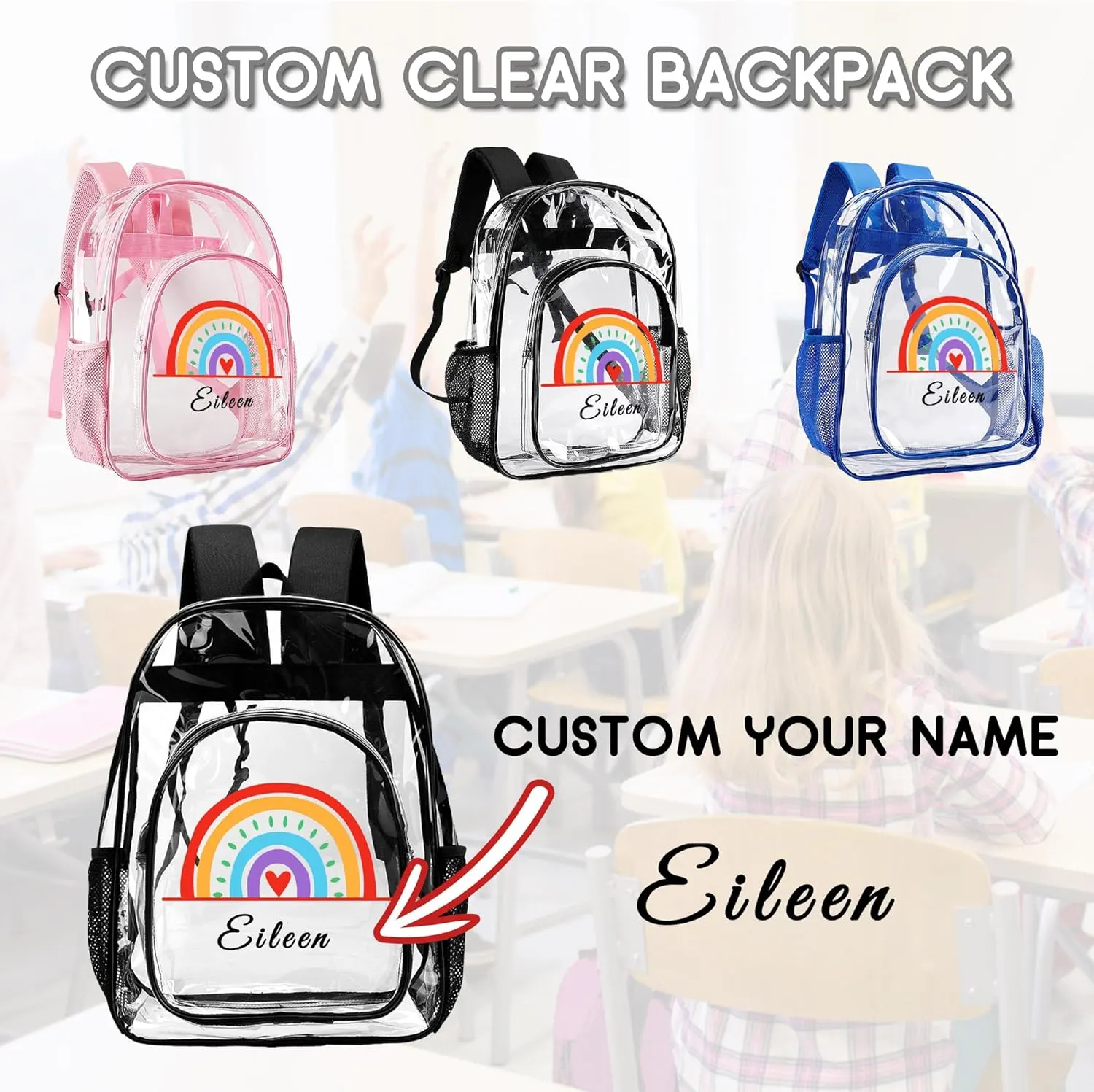 Personalized Rainbow Clear Backpack For Girls, Custom Travel PVC Transparent Book Bags For Kids, Clear Backpack For Stadium Events, Back To School Gifts, Birthday Christmas Gifts