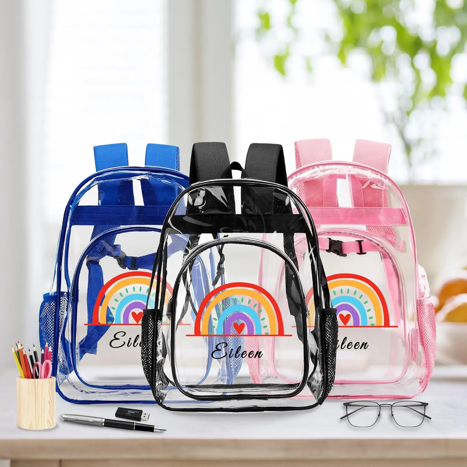 Personalized Rainbow Clear Backpack For Girls, Custom Travel PVC Transparent Book Bags For Kids, Clear Backpack For Stadium Events, Back To School Gifts, Birthday Christmas Gifts