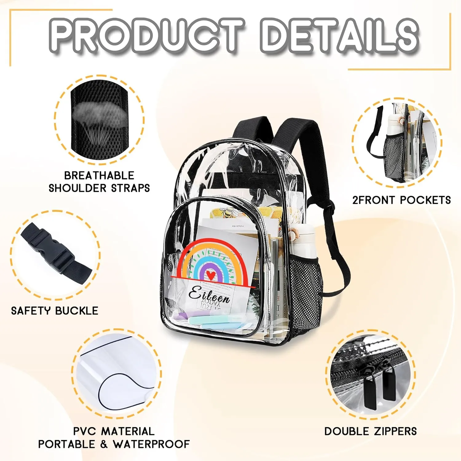 Personalized Rainbow Clear Backpack For Girls, Custom Travel PVC Transparent Book Bags For Kids, Clear Backpack For Stadium Events, Back To School Gifts, Birthday Christmas Gifts