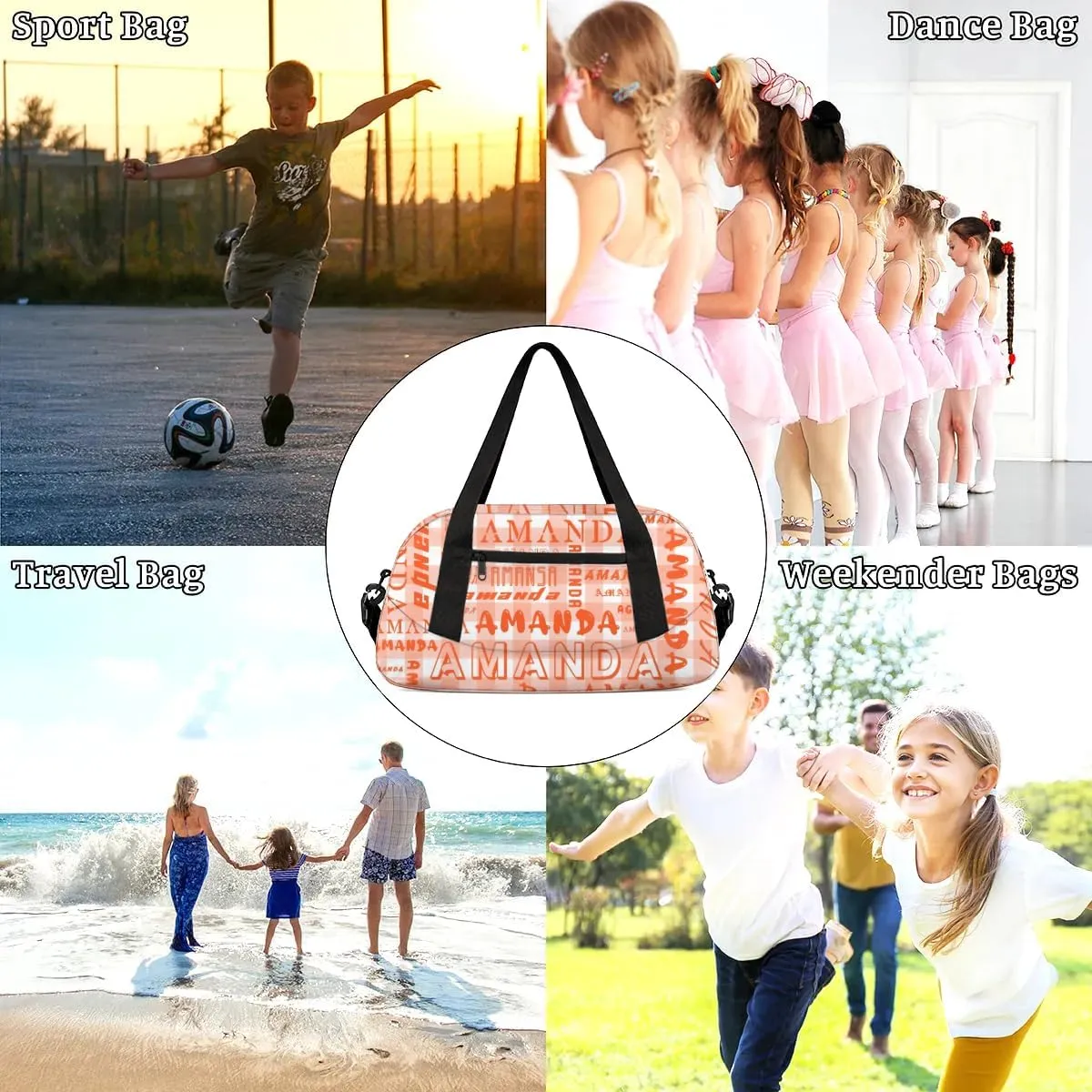 Personalized Sport Dance Bag Custom Boys Gym Bag Girls Ballet Dance Bag Customize Travel Duffle Bag with Name Overnight Weekender Bags (Deep Orange Grid)
