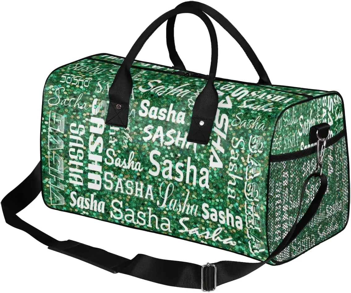 Personalized Travel Duffel Bag for Women Men, Custom Name Gym Duffel Bags Sports Overnight Weekender Bags Personalized Gifts, Grass Green Glitter (No Glitter)